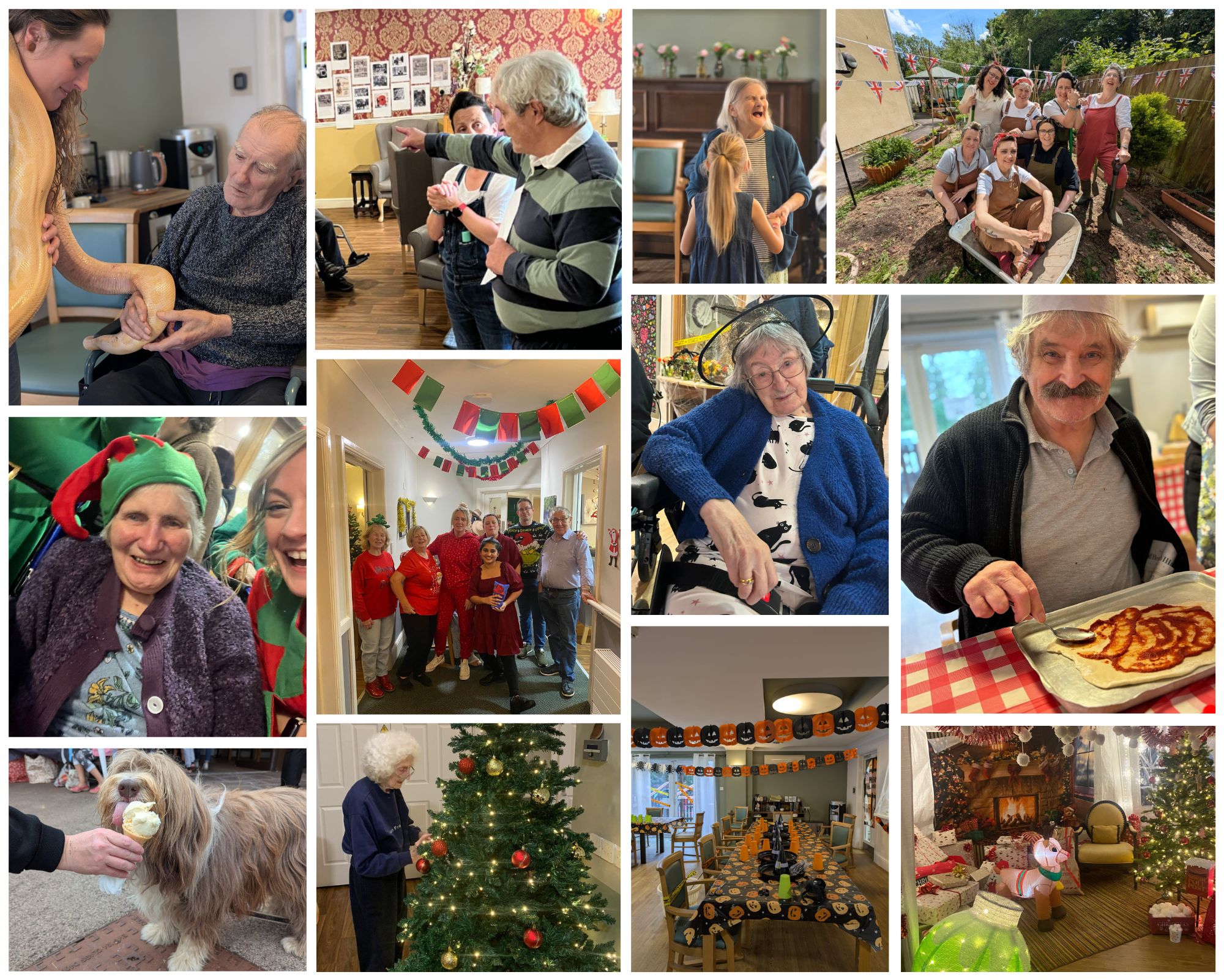 A collage of photos showing moments from community life and celebrations throughout the year. Images include older adults and staff sharing activities and conversations indoors, festive events with Christmas decorations and costumes, group photos, gardening together outdoors, preparing food, decorating a Christmas tree, seasonal room displays, and a dog enjoying a treat.
